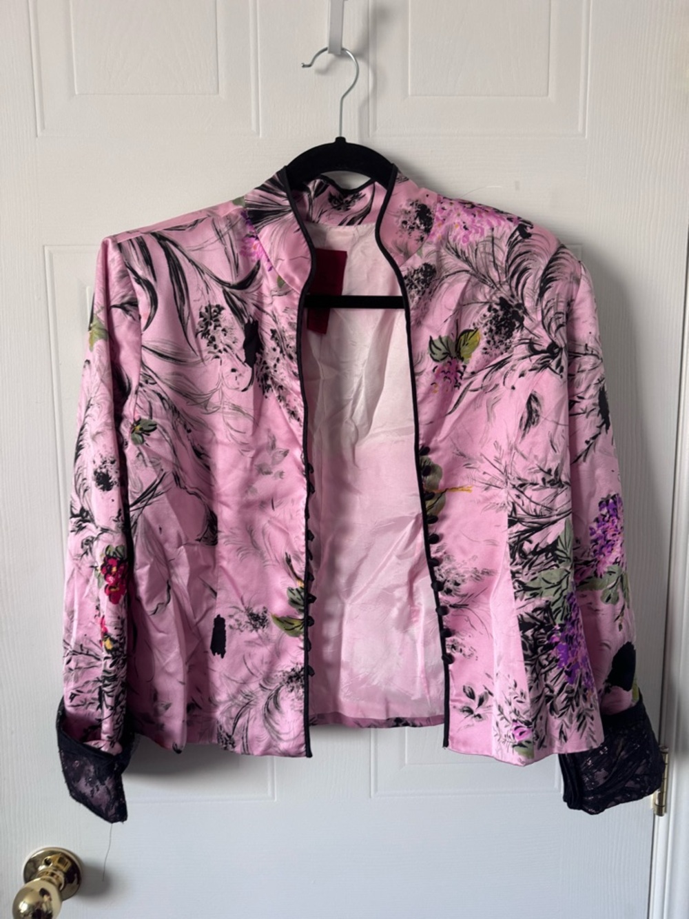 JS Collections Pink Floral Silk Open-Front Blazer with Black Trim size 14